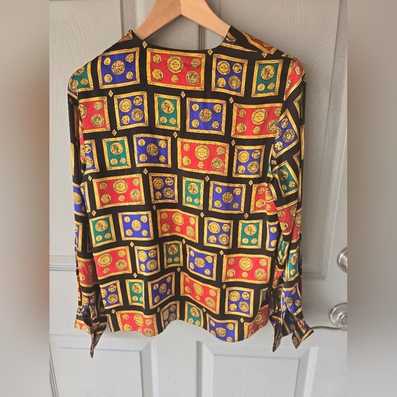 Talbots Vintage 100% Silk Blouse Sz 6 Roman Coins Francs Gold Buttons Boho Artsy - Picture 11 of 12